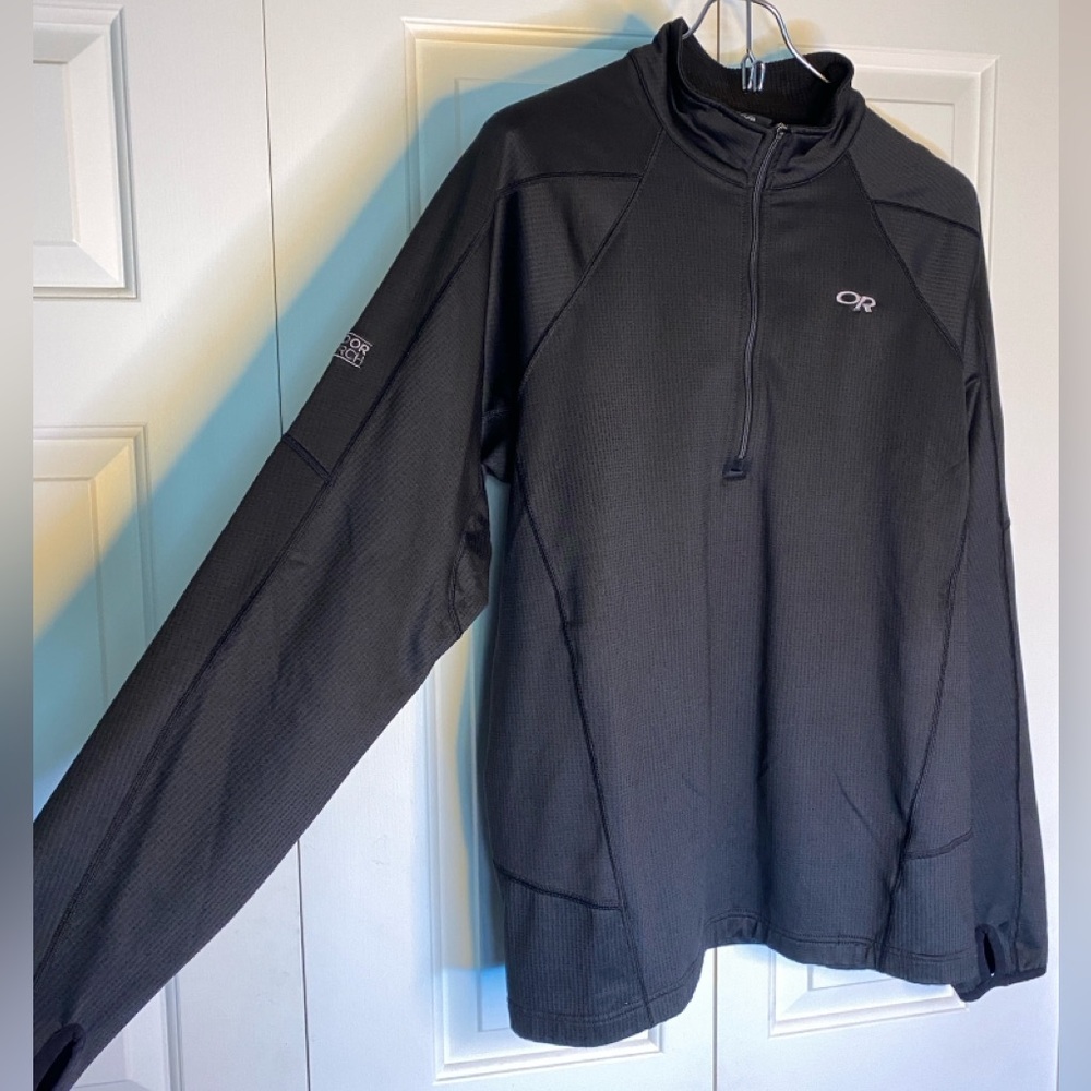 Men’s Black Outdoor Research quarter-zip, insulated, long-sleeve mid-layer.